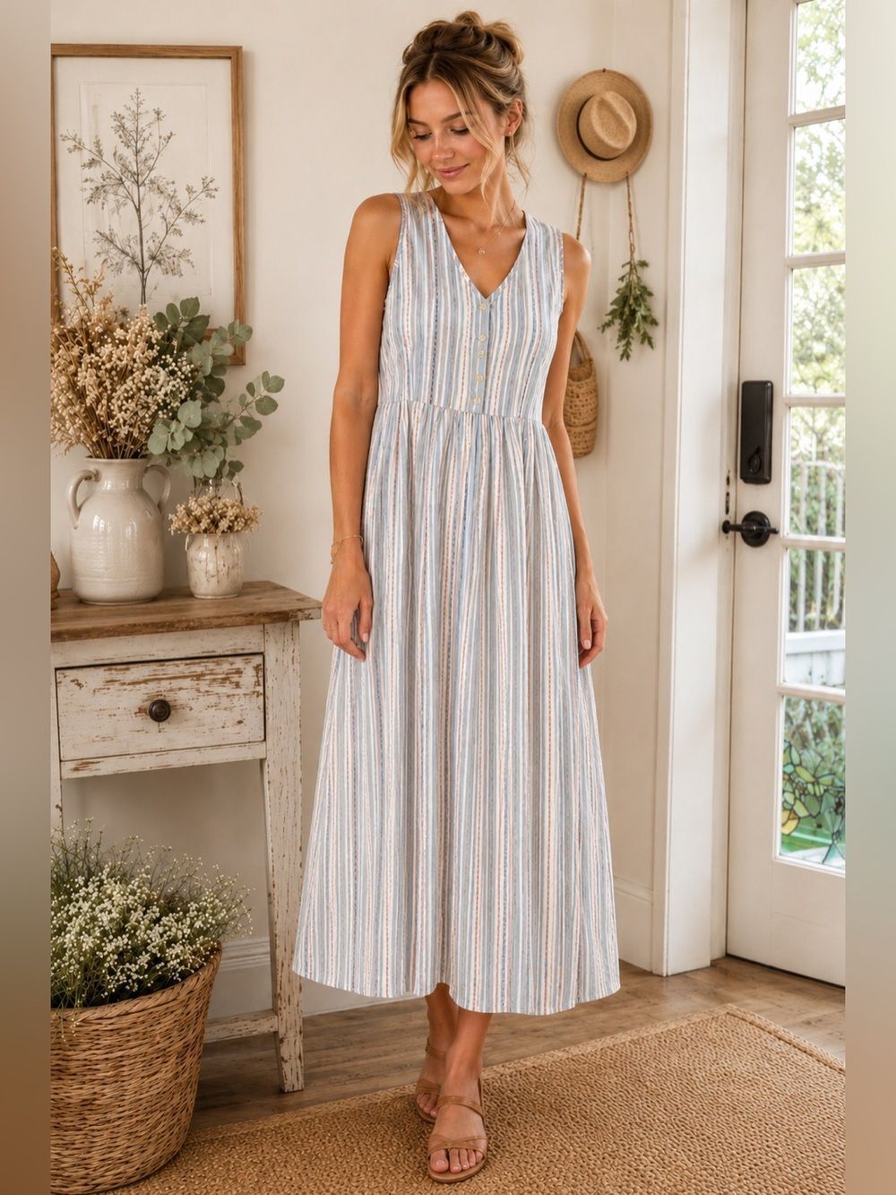 Vintage 90s Cottage Core Blue Striped V-Neck Dress